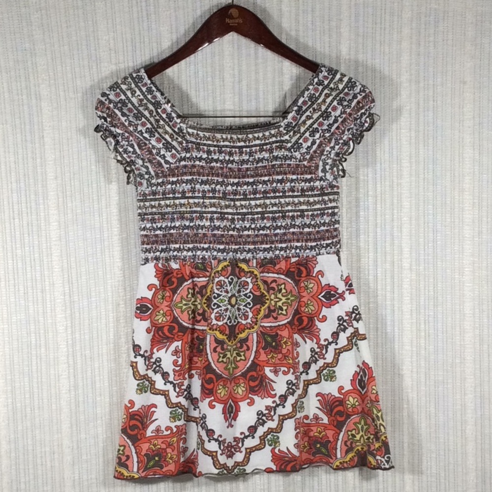 Vintage Early 90s Boho Smocked Top Ruffled Cap Sleeve Floral Paisley Small